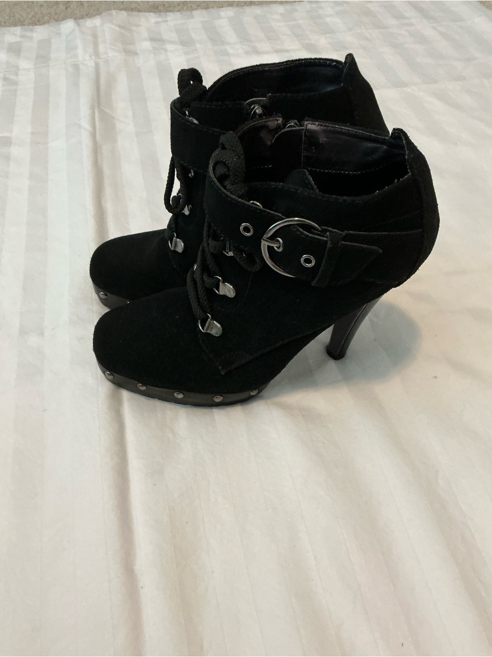 Colin Stuart Black Suede Lace-Up Ankle Heeled Boots with Buckle Detail